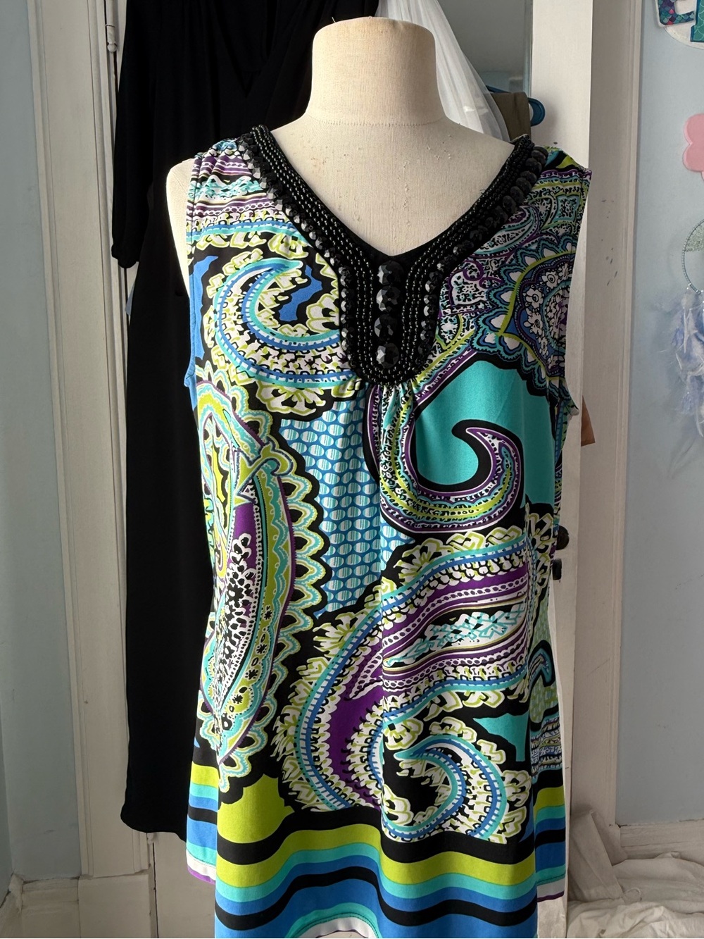 dressbarn Multicolor Paisley Beaded V-Neck Tank - Turquoise, Purple, Lime, Black